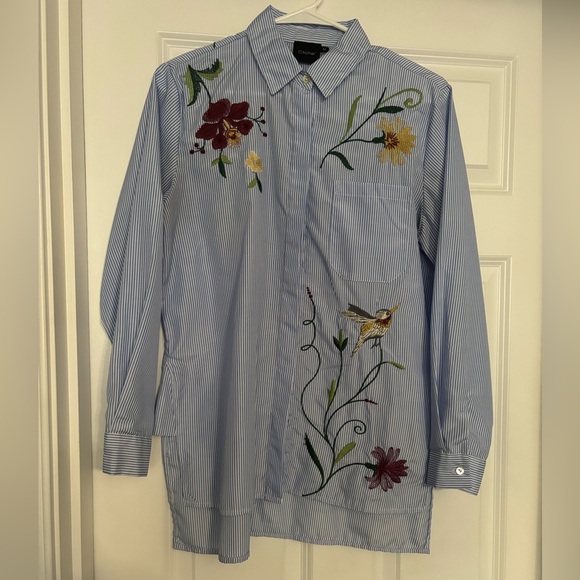 NWOT Cliche’ Embroidered Floral Hummingbird Striped Button Down Shirt M - Picture 2 of 5